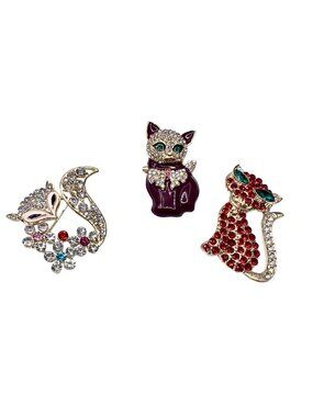 Rhinestone Cat & Fox Brooch Set- 3 Crystal Enamel Pins Elegant Gold-Tone Jewelry